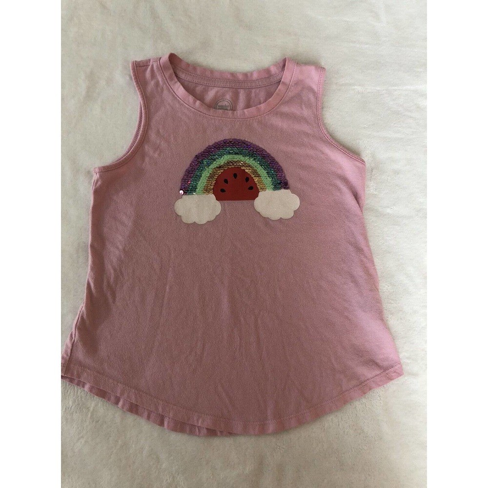 Wonder Nation Girls 6/6X Pink Watermelon Sleeveless Shirt W/Sequined Rainbow